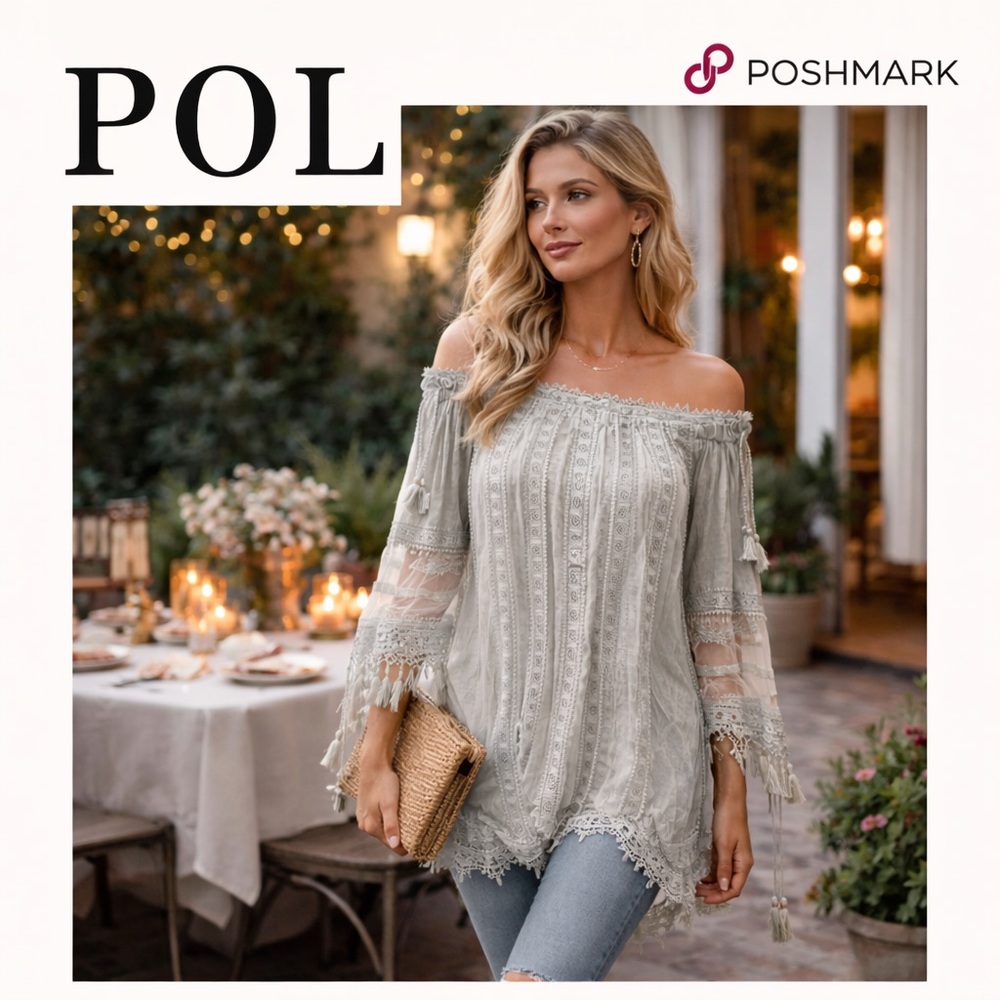POL Off-Shoulder Lace Peasant Top in Light Sage